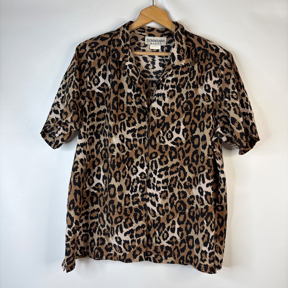 Donnkenny Button Down Shirt Women 1X Brown Leopard Print Short Sleeve